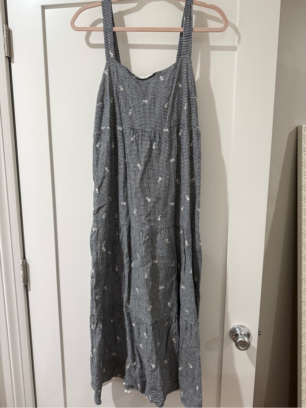 Madewell Navy & White Gingham Maxi Dress with Embroidered Daisies
